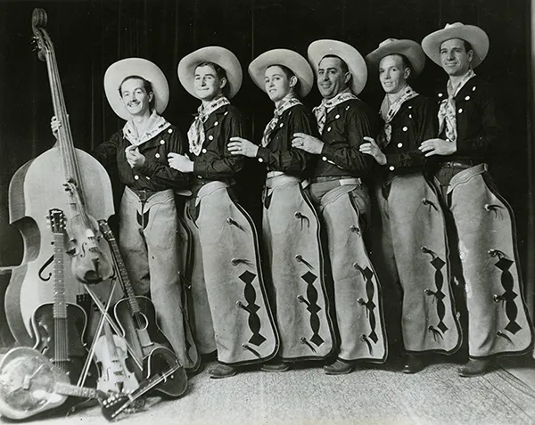 Woody (far left) with the Pampa Junior Chamber of Commerce Band, Pampa, Texas, 1936.